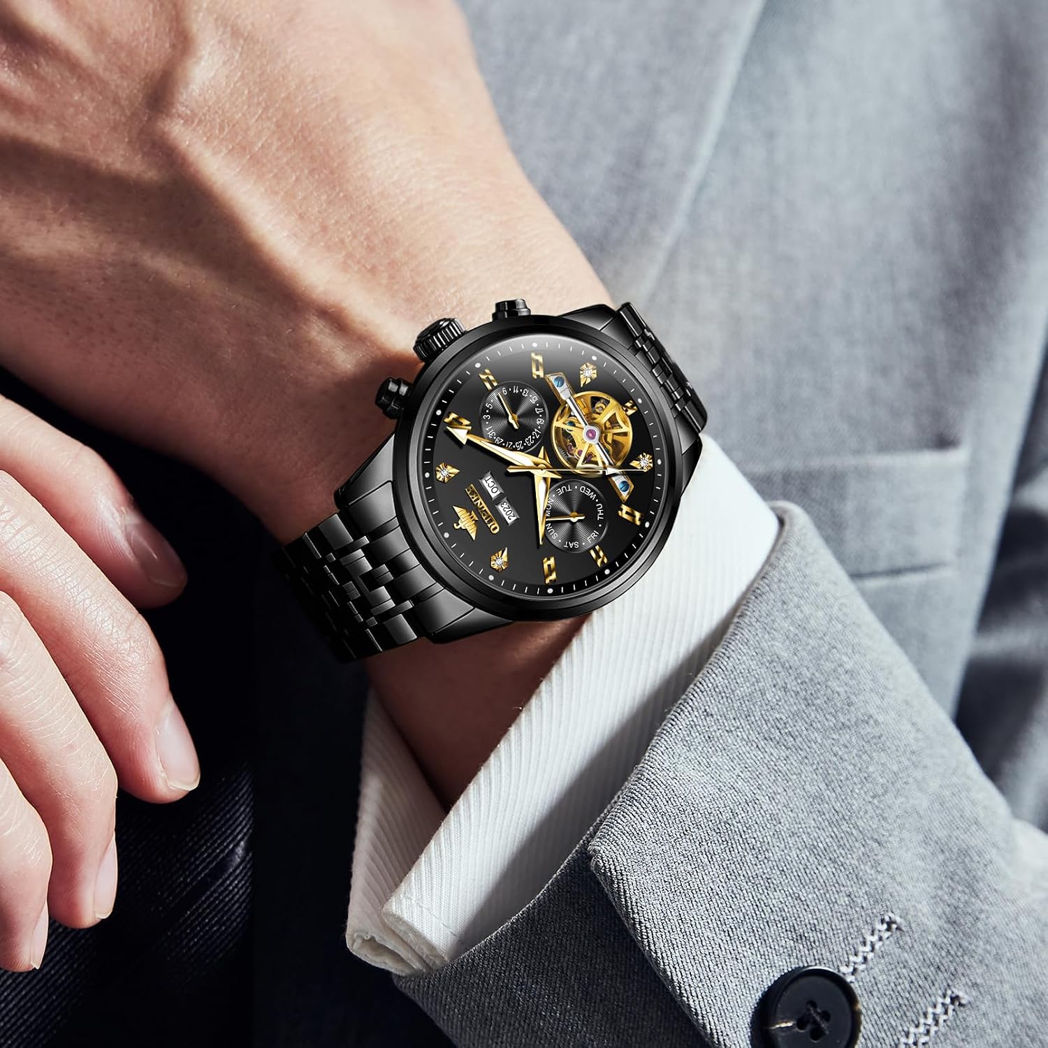 Montre Automatique Homme Montre Mécanique Squelettique à Diamants à Remontage Automatique Montre de Luxe avec Cristal en Saphir et Bracelet en Tungstène G3248:noir