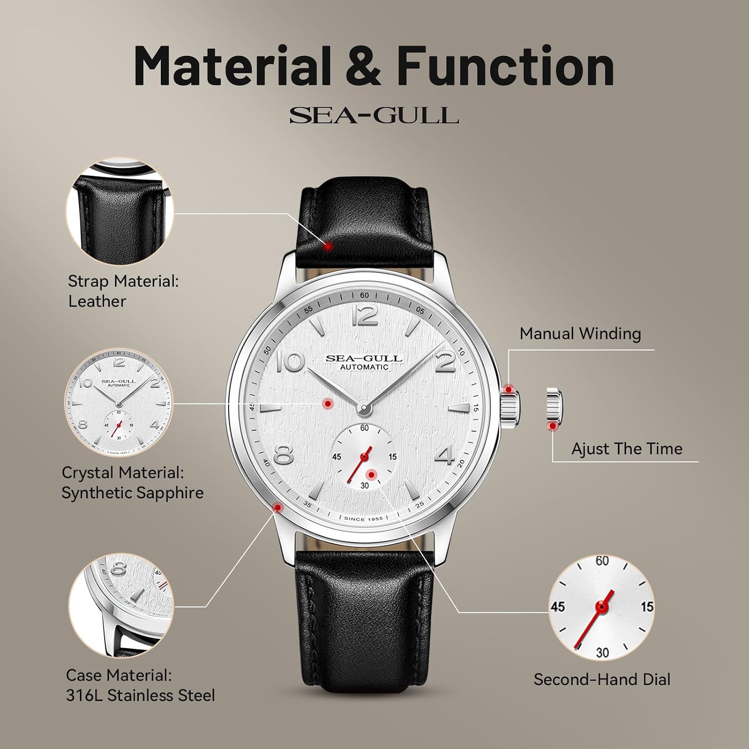 SEA-GULL Montre automatique pour homme avec bracelet en cuir Motif mouette 6075 A-ivoire