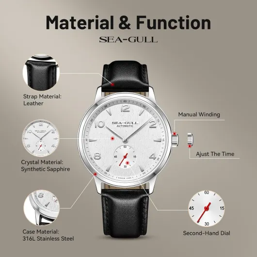 SEA-GULL Montre automatique pour homme avec bracelet en cuir Motif mouette 6075 A-ivoire