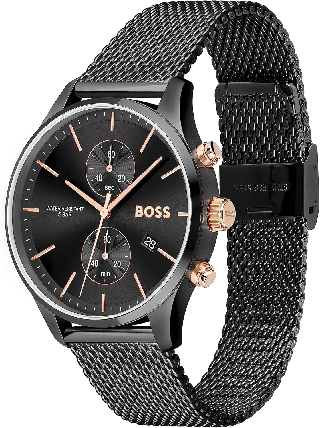 Boss Montre Chronographe Quartz pour Homme 42 mm Collection Associate avec Bracelet en Acier Inoxydable en Maillons ou en Maille, Fonction Date, 2 sous-Cadrans, Résistance à l'eau 5ATM Full Black Mesh
