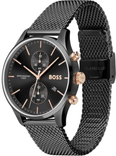 Boss Montre Chronographe Quartz pour Homme 42 mm Collection Associate avec Bracelet en Acier Inoxydable en Maillons ou en Maille, Fonction Date, 2 sous-Cadrans, Résistance à l'eau 5ATM Full Black Mesh