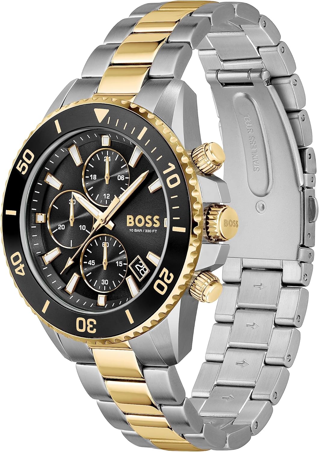 BOSS Montre Chronographe Homme 45mm Quartz Collection Admiral avec Bracelet en Acier Inoxydable, Silicone ou Tissu en Plastique Océanique, Fonction Date et 3 sous-Cadrans Two-tone-stainless Steel Edelstahl