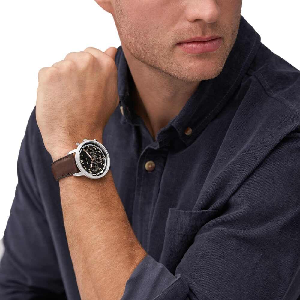 Fossil Montre Neutra pour Homme, Mouvement chronographe à Quartz avec Bracelet en Cuir Tan et Brun