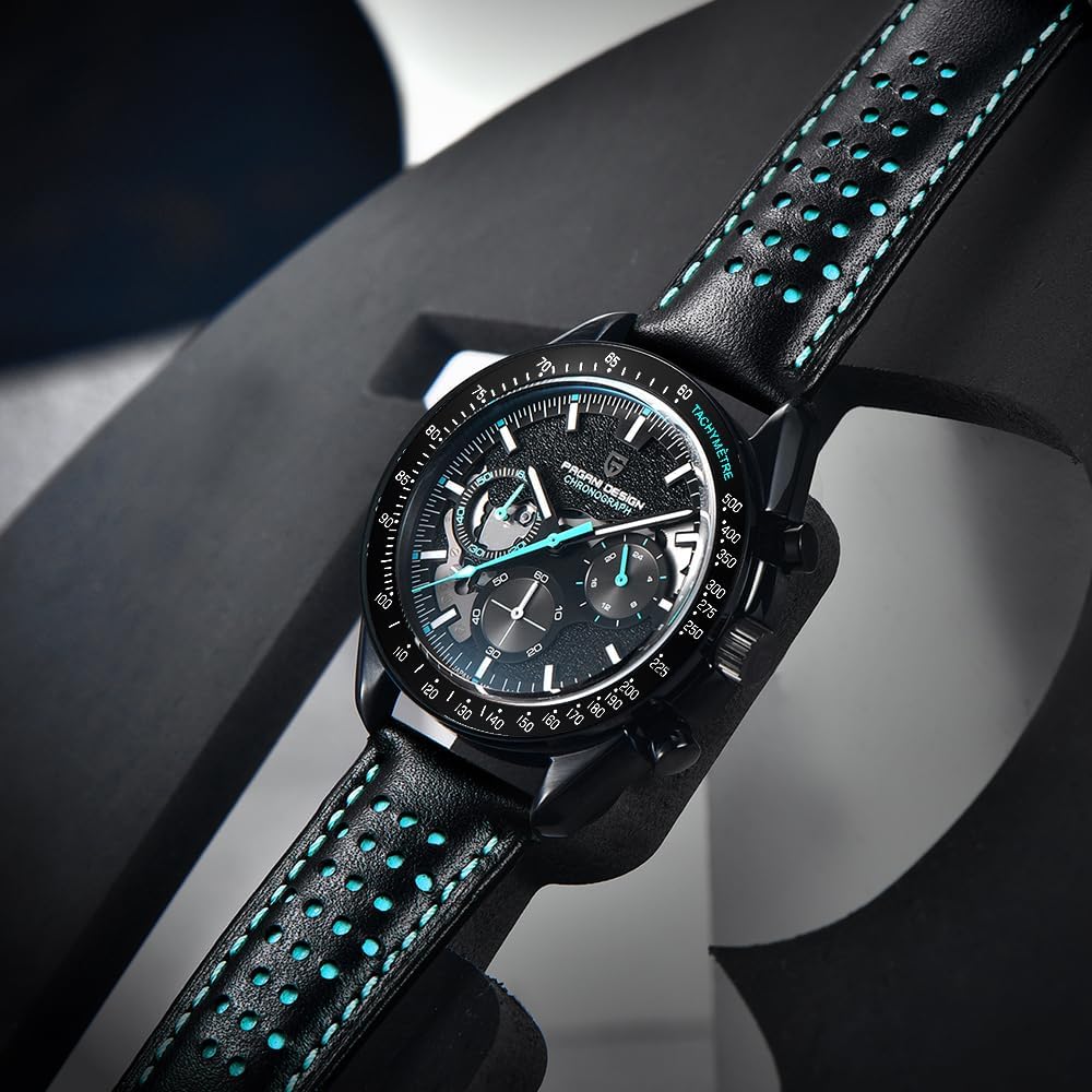 Pagani Design 1779 Montre de Luxe à Quartz pour Homme Lunaire avec chronographe Squelette AR Saphir synthétique Mouvement VK63 Bracelet en Cuir Montre de Sport étanche Tout Noir Bleu