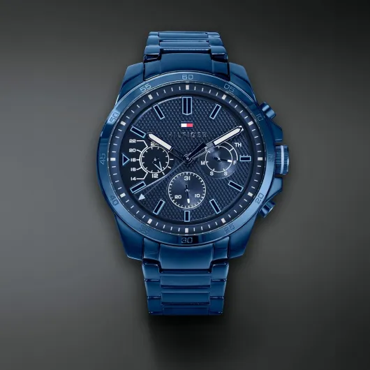 Tommy Hilfiger Montre Analogique Multifonction Quartz pour Hommes avec Bracelet en Silicone, en Acier Inoxydable ou en Cuir, sous-Cadrans pour Le Jour et la Date, Étanche jusqu'à 5ATM Bleu Acier Inoxydable