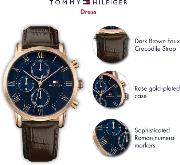 Tommy Hilfiger Montre Analogique Multifunction à Quartz pour Homme avec Bracelet en Acier Inoxydable ou Bracelet en Cuir Or Rose Leather