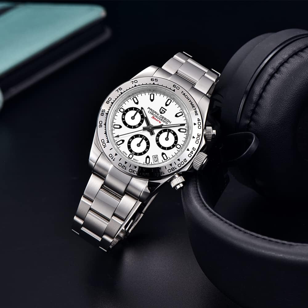 Pagani Design Montre Multifonction à Quartz de Luxe pour Hommes Mouvement Japan VK63 Tout Acier Inoxydable 100M Étanche Sport Chronographe Montres Date Blanc
