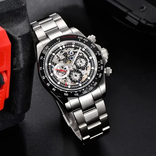 Pagani Design Montre mécanique Automatique de Luxe pour Homme avec Cadran Squelette Arc-en-Ciel en Acier Inoxydable Étanche à 100 m chronographe de Sport Lumineux Noir/Acier