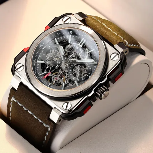 FM507 Montre-bracelet carrée pour homme, mécanique, automatique, verre saphir, cadran squelette, bracelet en cuir marron, étanche jusqu'à 10 ATM