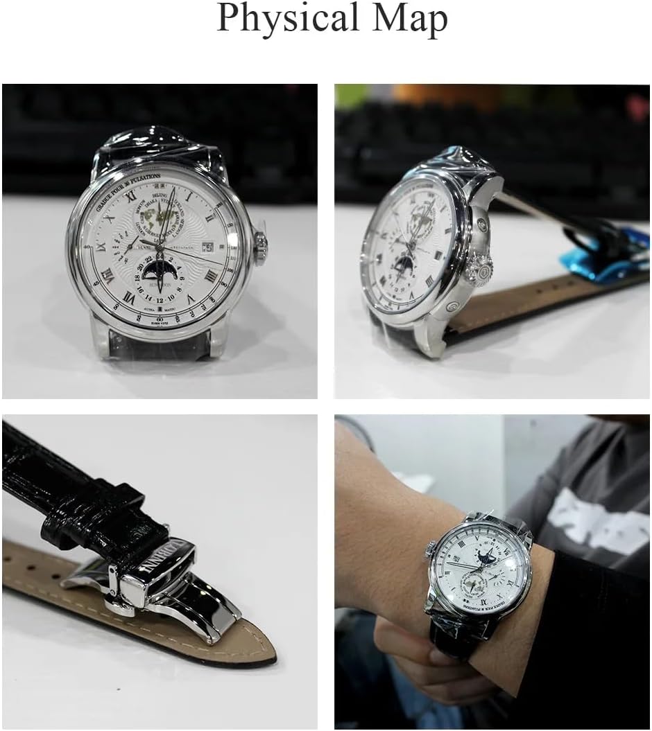 LOBINNI Montre mécanique automatique pour homme, semaine, calendrier, affichage 24 heures, cristal saphir, bracelet en cuir, montre d'affaires pour homme, cadeau de luxe pour homme 16003-04