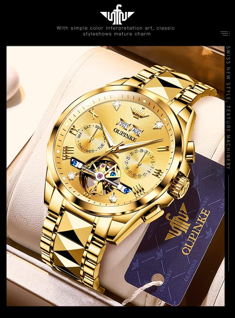 OUPINKE Montre Homme Mécanique Automatique Squelette Luxe Cristal Saphir Diamant Acier Tungstène Étanche Cadeau Affaires 3186: Doré.