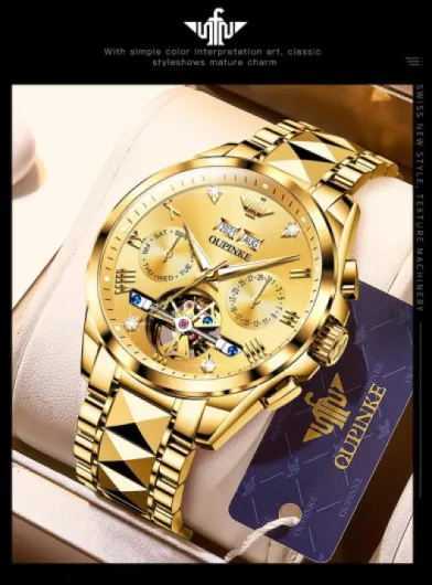 OUPINKE Montre Homme Mécanique Automatique Squelette Luxe Cristal Saphir Diamant Acier Tungstène Étanche Cadeau Affaires 3186: Doré.