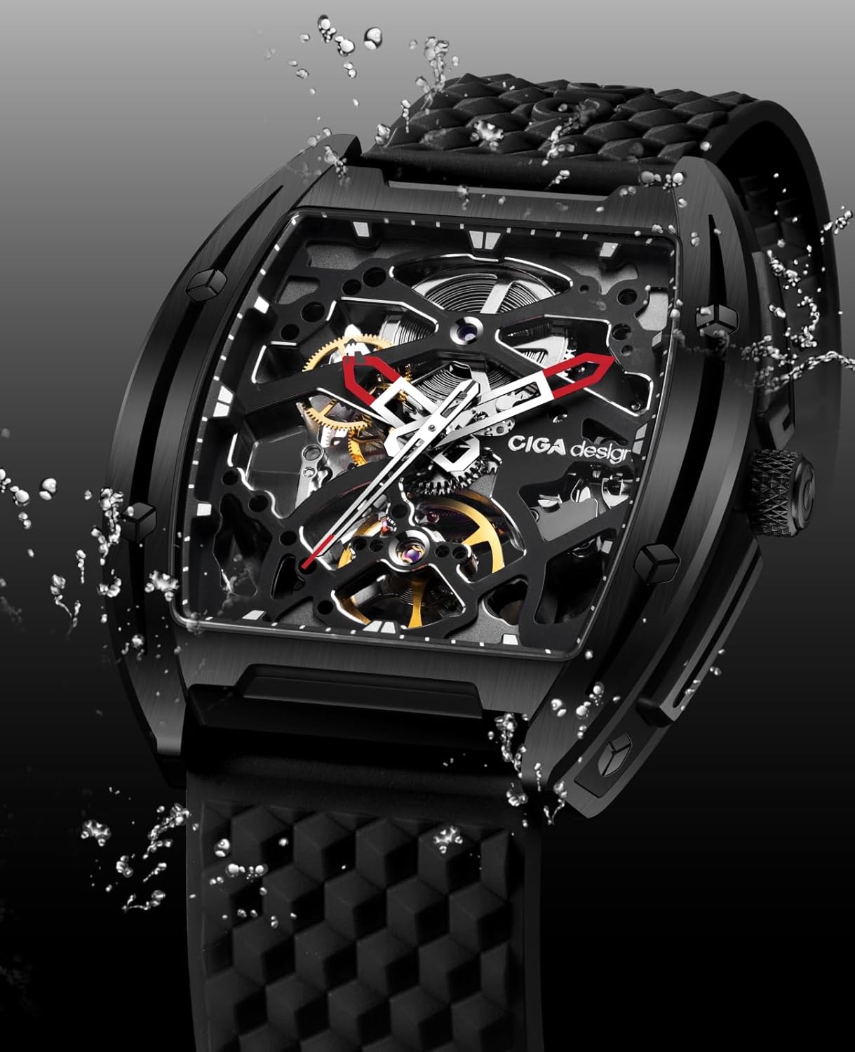 Edge Montre Automatique Homme, Montre Bracelet Mécanique Squelette Tonneau,Boîtier Titane/Acier, Bracelet en Silicone, Cadeau Homme Nior(dlc)
