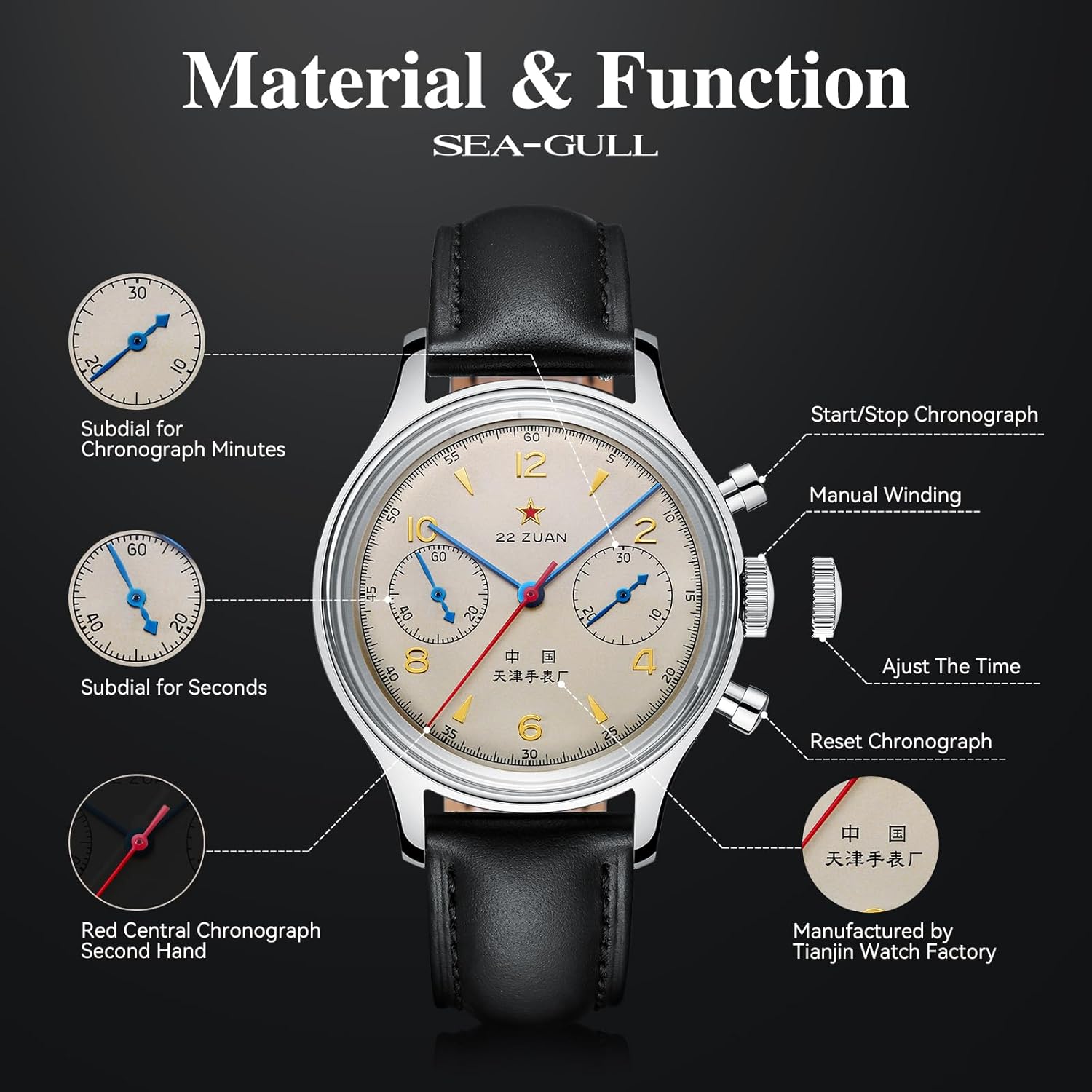 Seagull 1963 International Edition,Mouvement ST1901,Montres-Bracelets mécaniques pour Hommes,Montre Pilote chronographe Aviation,37.4mm,Remontage Manuel Noir