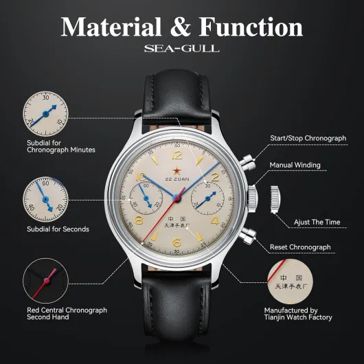 Seagull 1963 International Edition,Mouvement ST1901,Montres-Bracelets mécaniques pour Hommes,Montre Pilote chronographe Aviation,37.4mm,Remontage Manuel Noir