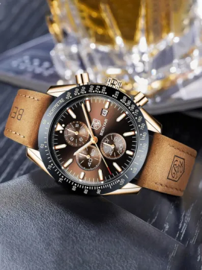 By Montre pour Homme, chronographe pour Homme, Mouvement à Quartz, Bracelet en Cuir, Montre de Sport d'affaires, Tendance, 30 m, étanche, Anti-Rayures, Cadeau élégant Marron/Doré
