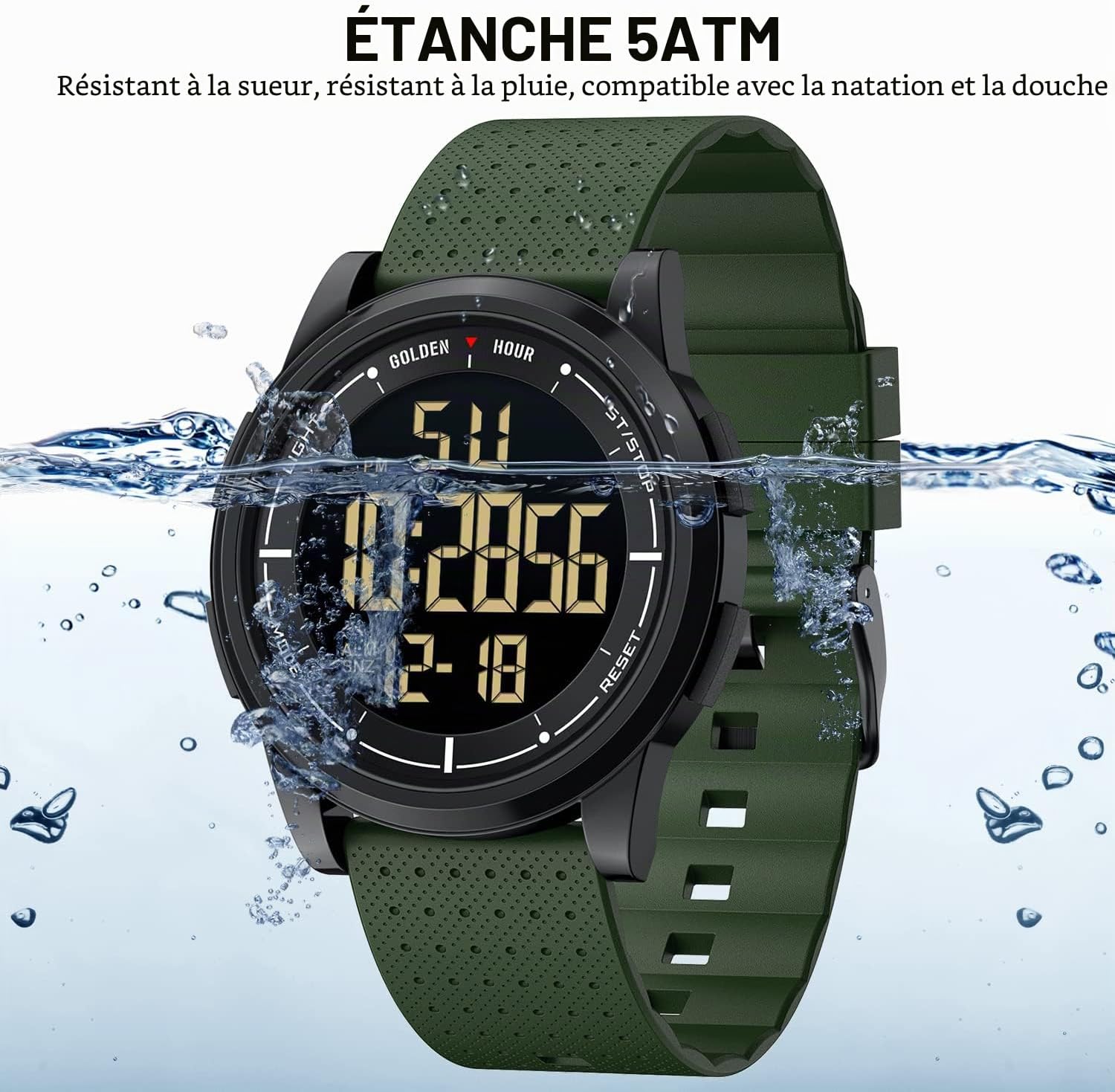 Montre Digitale étanche Ultra-Mince pour Hommes avec Affichage Grand Angle Bracelet en Caoutchouc pour Hommes Femmes Métal/Dim/Vert Kaki