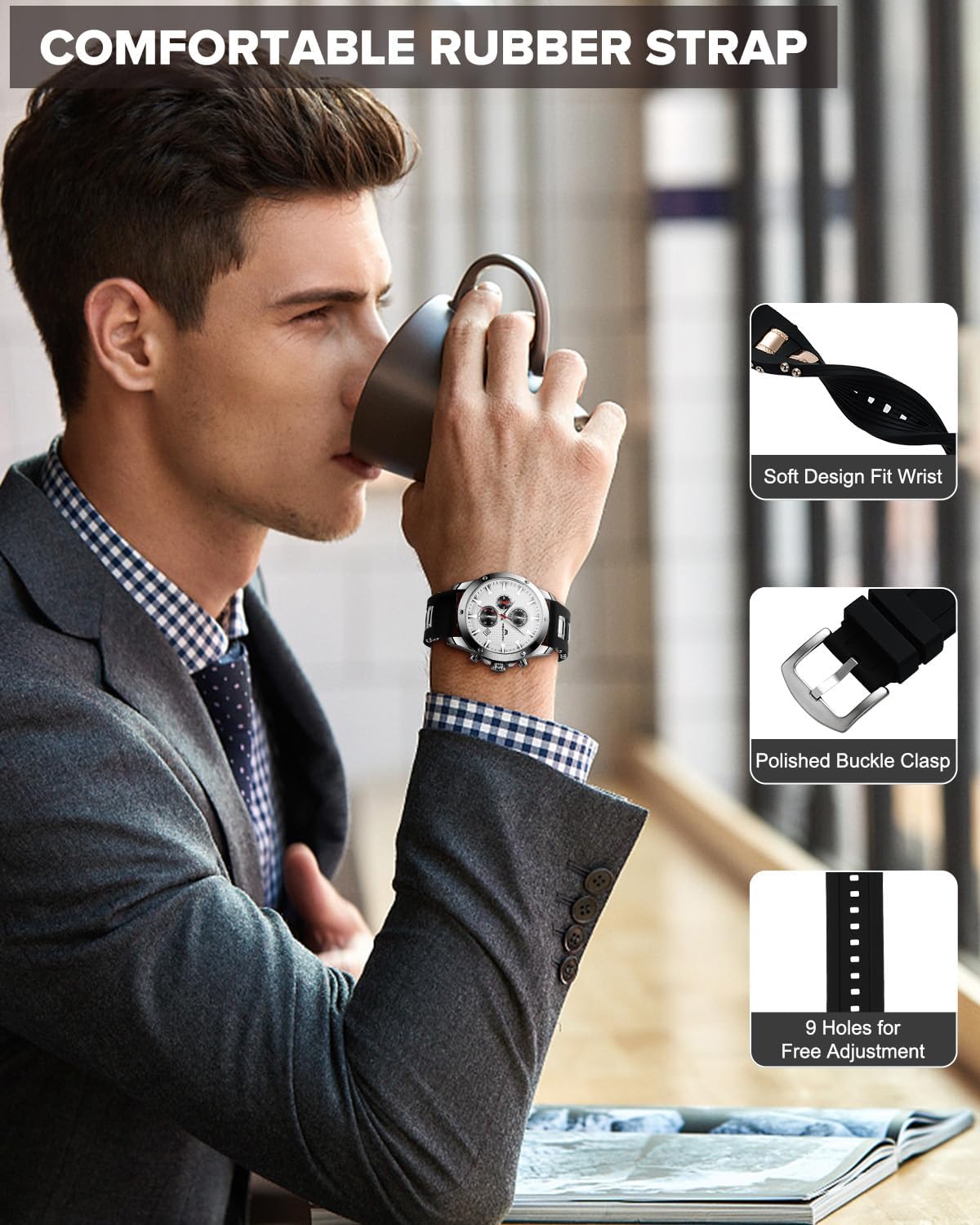 Montre Sport Etanche Montre Chronographe Analogique Design Montre Bracelet de Mode Grand Cadran Quartz Caoutchouc Lumineux Date 1 Noir Silber