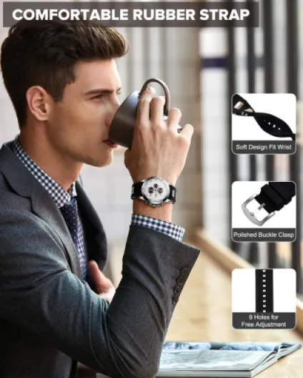 Montre Sport Etanche Montre Chronographe Analogique Design Montre Bracelet de Mode Grand Cadran Quartz Caoutchouc Lumineux Date 1 Noir Silber