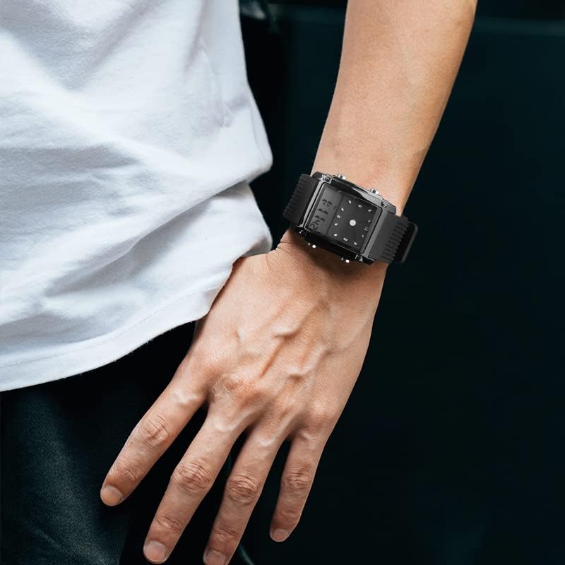 Montre de sport pour homme à cadran rectangulaire avec rétroéclairage LED 7 couleurs en option Alarme Chronomètre 12/24h Bracelet en caoutchouc Noir