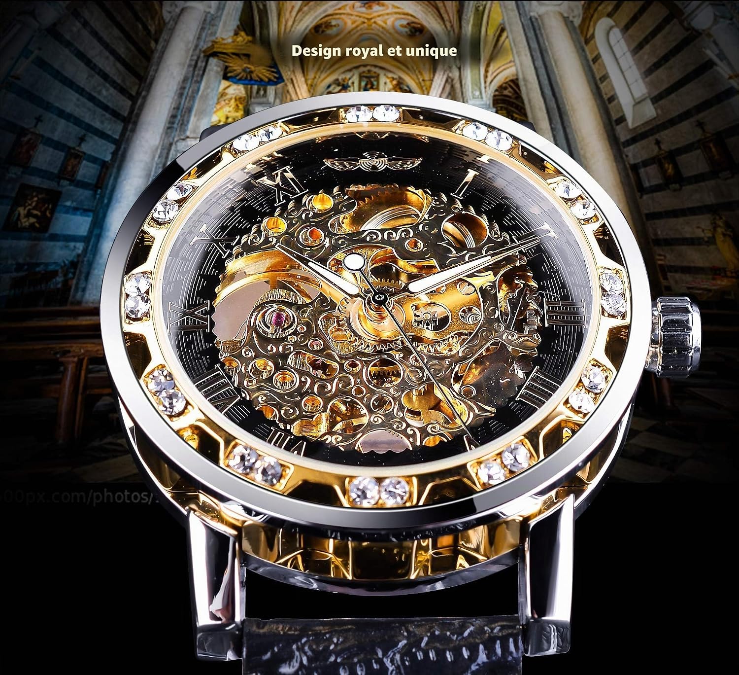 Winners Vintage Montres mécaniques, Gravure de Diamants et de Fleurs, Hommes Classique Manuel Squelette Montre Chiffres Romains, Noir/Or, Montres Multi