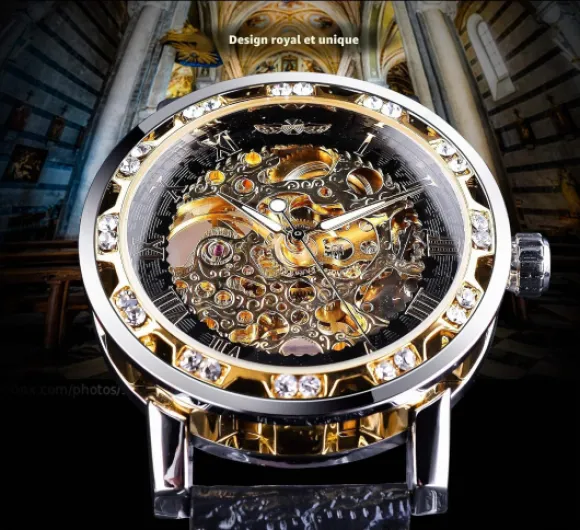 Winners Vintage Montres mécaniques, Gravure de Diamants et de Fleurs, Hommes Classique Manuel Squelette Montre Chiffres Romains, Noir/Or, Montres Multi