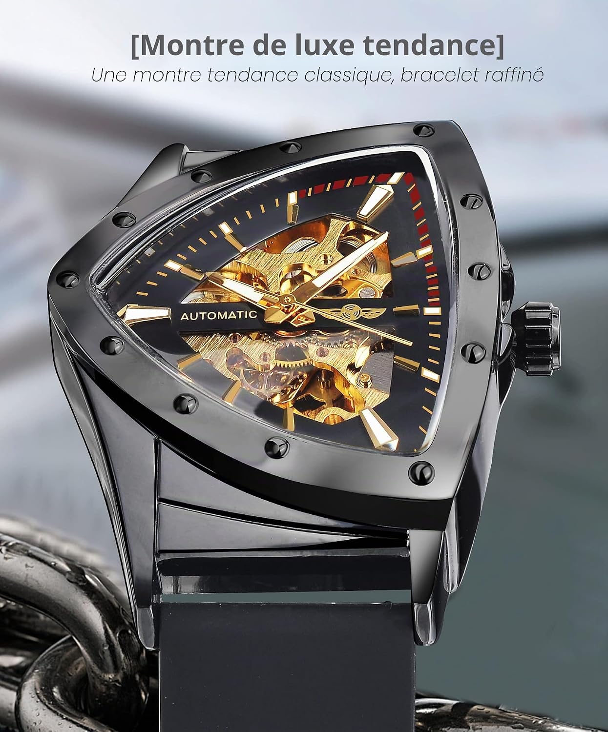 Montre squelette pour homme, montre mécanique automatique avec cadran triangulaire lumineux, remontage manuel, bracelet en acier inoxydable ou en silicone souple Noir/Jaune