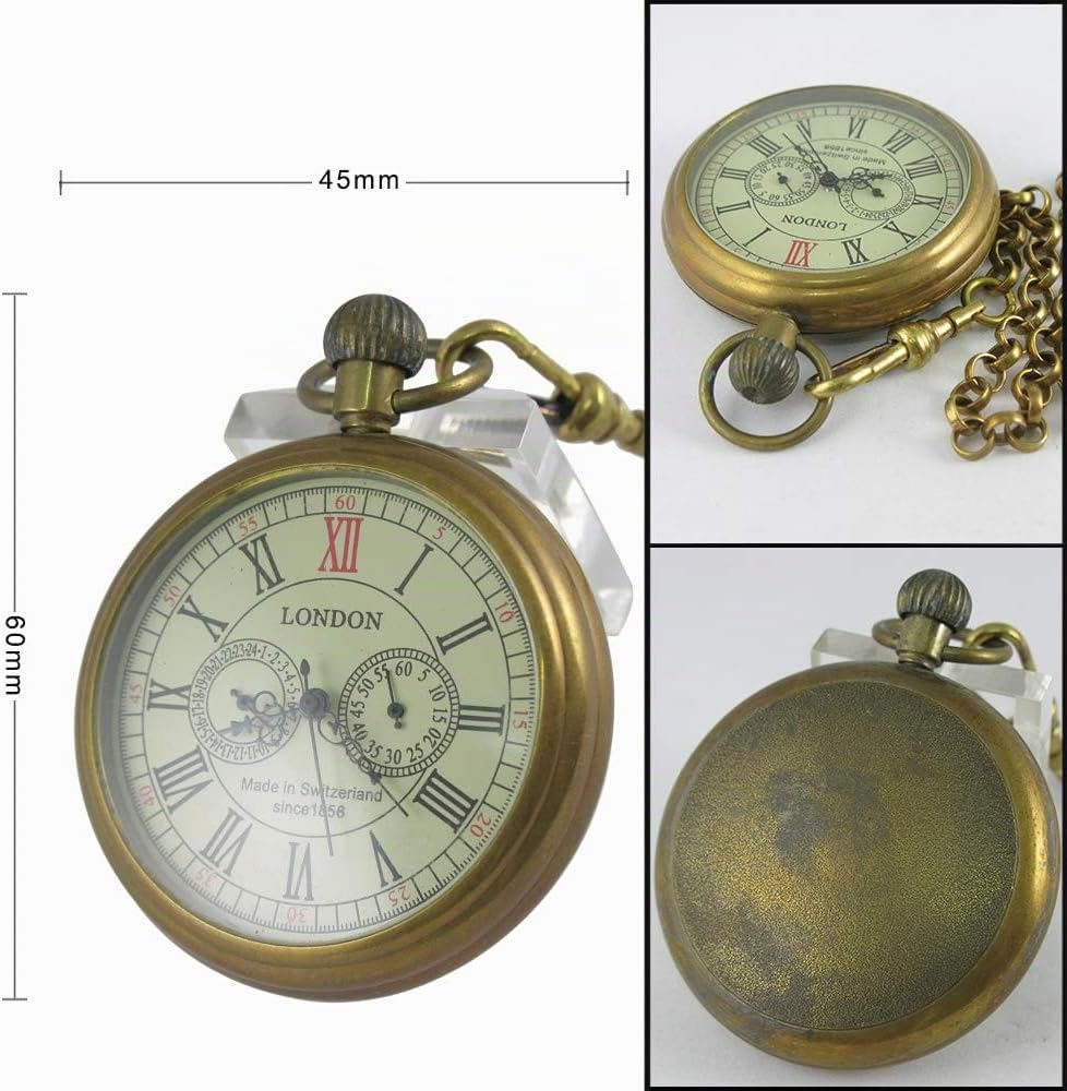 VIGOROSO Montre de Poche Vintage pour Homme en cuivre à remontage Manuel Secondes et 24 Heures sous-Cadrans dans Une boîte Bronze