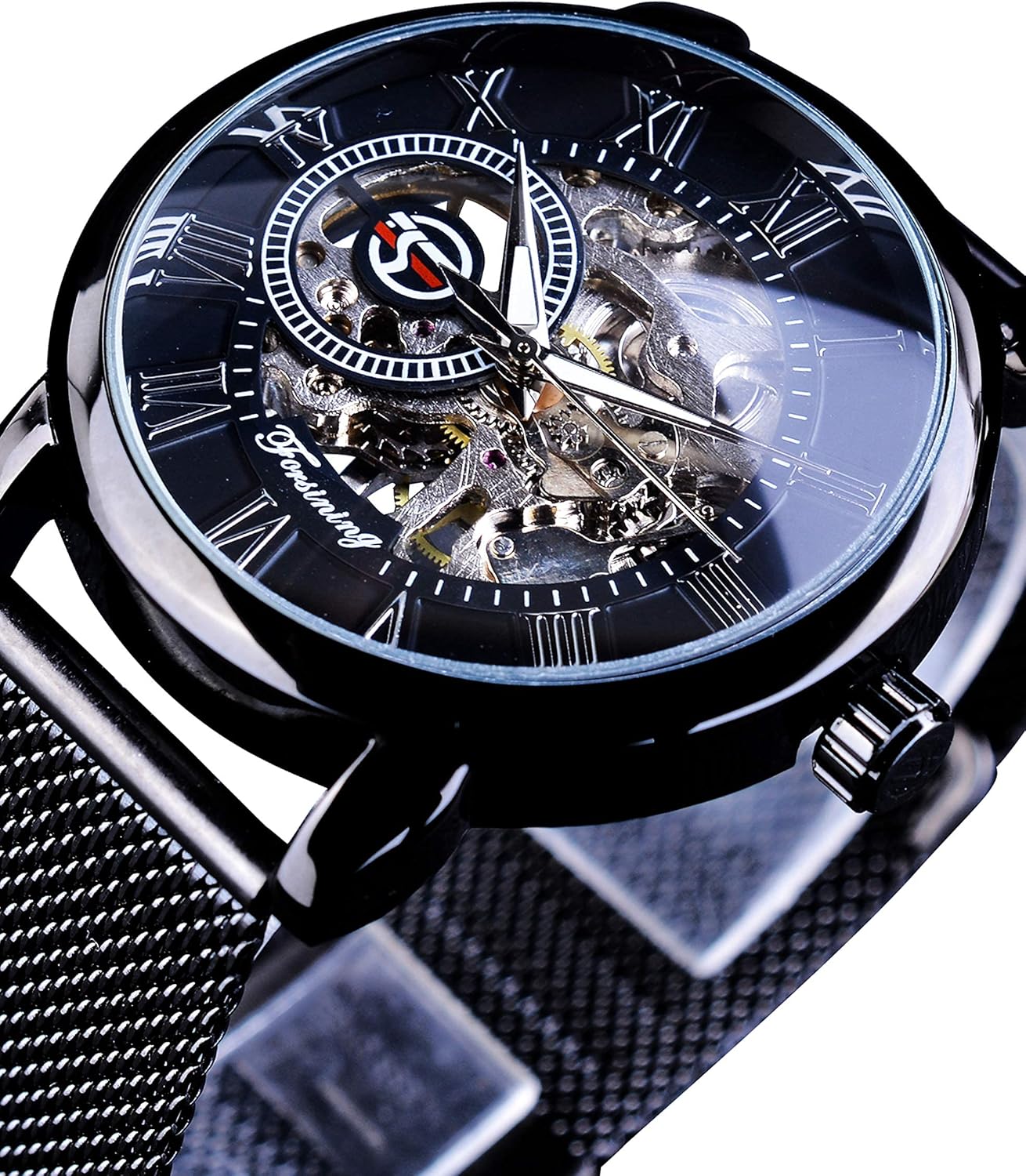 Montres automatiques pour homme - Squelette mécanique - Montre militaire - Tendance - Business - Grand cadran - Bracelet fin en acier inoxydable Noir