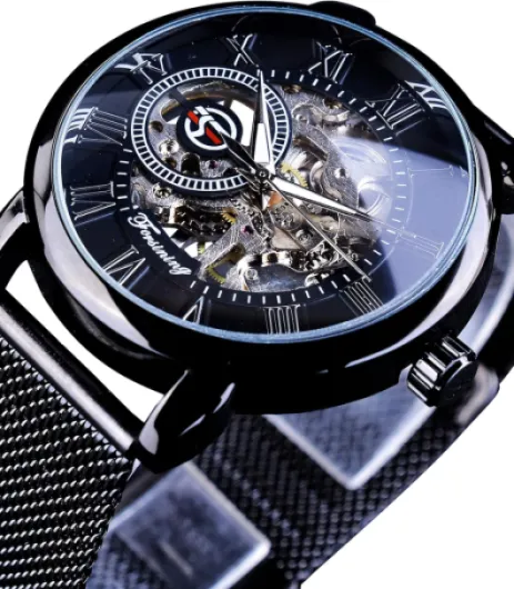 Montres automatiques pour homme - Squelette mécanique - Montre militaire - Tendance - Business - Grand cadran - Bracelet fin en acier inoxydable Noir